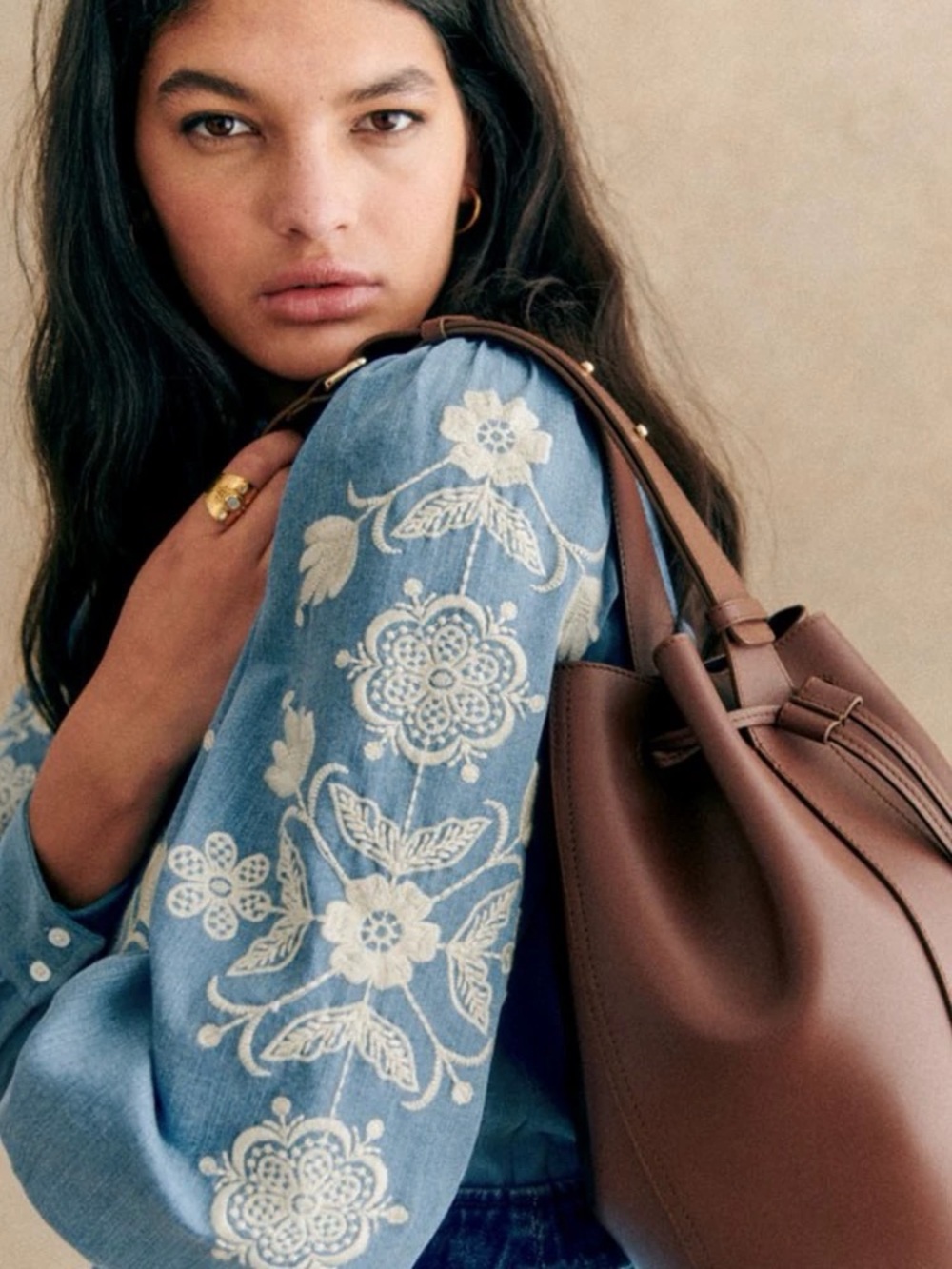 Sezane Embroidered Blue Cotton-Blend Peasant Blouse, S M L - Picture 3 of 4